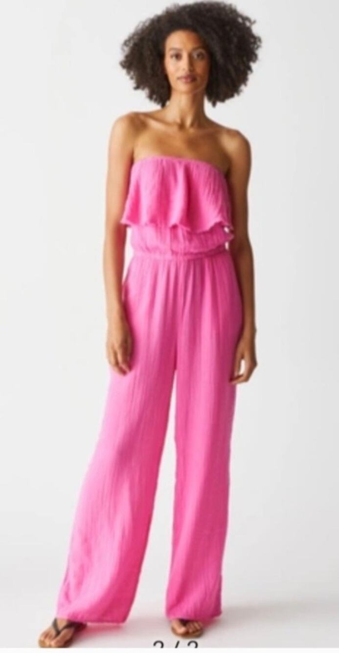 Michael Stars Pink Gauze Strapless Jumpsuit Ruched Beach Coastal Pink Women's L
